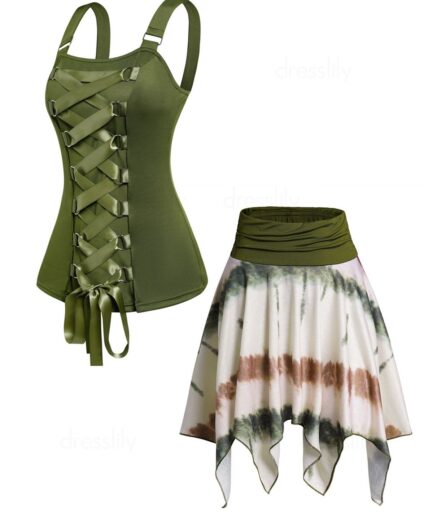 Dresslily Ribbon Lace Up Metal Buckle Tank Top And Tie Dye Print Asymmetric Handkerchief Mini Skirt Casual Outfit S Multicolor