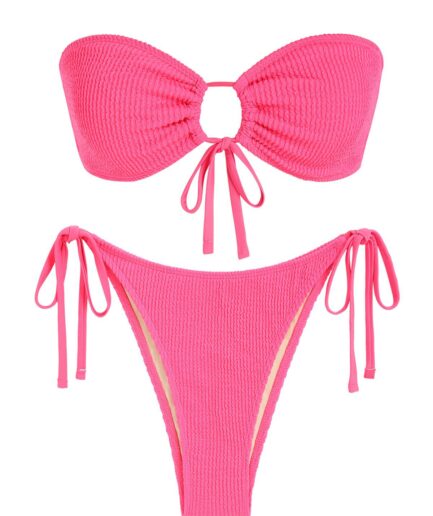 ZAFUL Crinkle Tie Side Bandeau Bikini Swimwear L Light pink