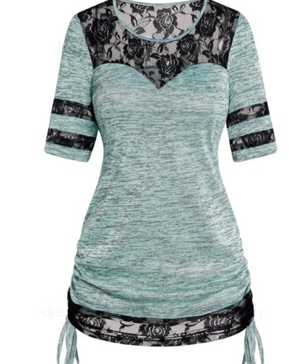 Women See Thru Lace Panel Cinched Tie T-shirt Short Sleeve Heathered Casual Tee Clothing M Light green