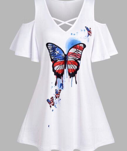 Women Butterfly Star Striped Print T Shirt Crisscross Cold Shoulder V Neck Patriotic Tee Clothing S White