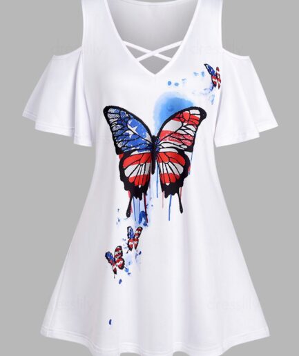 Women Butterfly Star Striped Print T Shirt Crisscross Cold Shoulder V Neck Patriotic Tee Clothing L White
