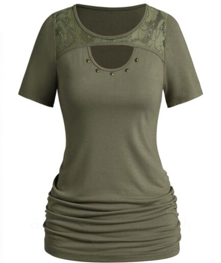 Women Plain Color T Shirt Hollow Out Lace Panel Rivet Peekaboo Cut Ruched Tee Clothing L Green