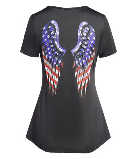 Women Star Striped Wing Print T Shirt Ladder Cut Out Ruched Patriotic Tee Clothing L Black