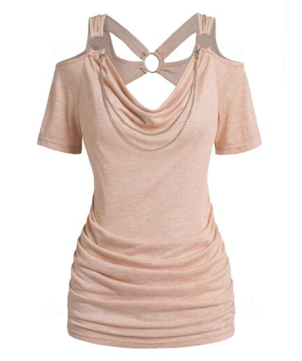 Women Cowl Neck T Shirt Draped Cold Shoulder Ruched Chain Embellishment Cut Out Heather Tee Clothing L Light coffee