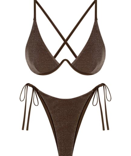 ZAFUL Tie Side Underwire Metallic Glitter Sparkly Monowire Bikini Swimwear M Deep coffee