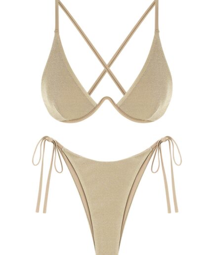 ZAFUL Tie Side Underwire Metallic Glitter Sparkly Monowire Bikini Swimwear L Light coffee