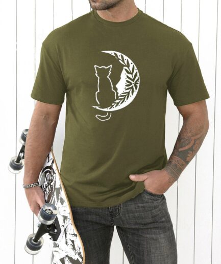 Men T-Shirts Cute Cat Moon Print T Shirt Short Sleeve Round Neck Casual Tee Clothing Online L Army green