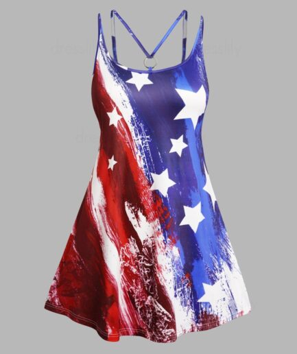 Dresslily WomenFRDresslily Femme Plus Size Mini Dress Colorblock Star Striped Print O Ring Sleeveless A Line Patriotic Dress Clothing Online L Multi