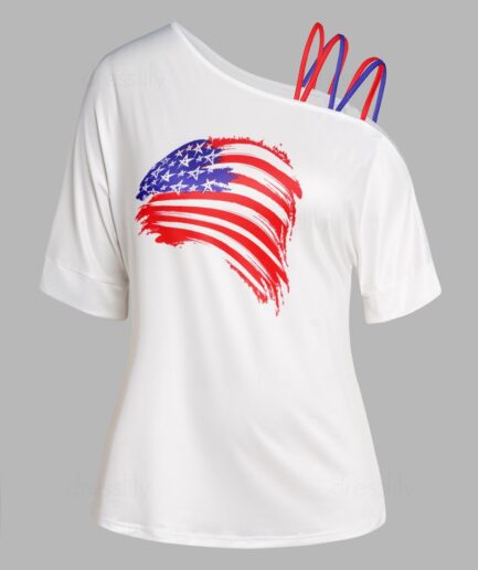 Dresslily Fashion Women Plus Size Skew Neck T Shirt Star Striped Print Patriotic Long Tee Clothing L White
