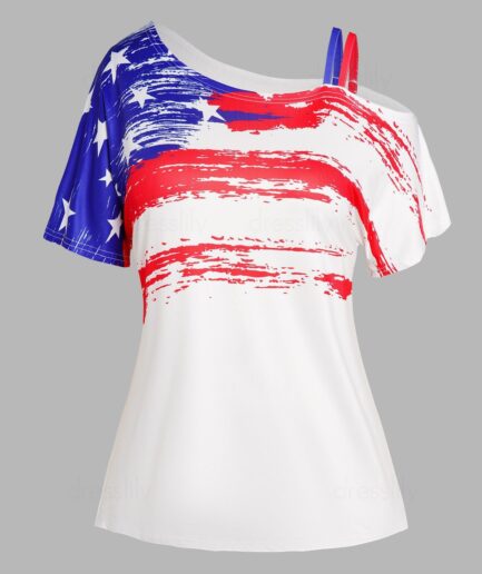 Dresslily Fashion Women Plus Size T Shirt Star Striped Print Skew Neck Patriotic Tee Clothing L White