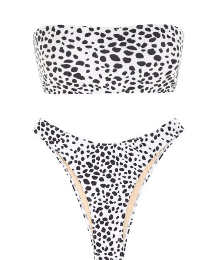 ZAFUL Lace-up Animal Spotted Print Bandeau Bikini Swimwear L White