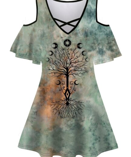 Women Tie Dye Tree Print T Shirt Crisscross V Neck Cold Shoulder Casual Tee Clothing L Deep green