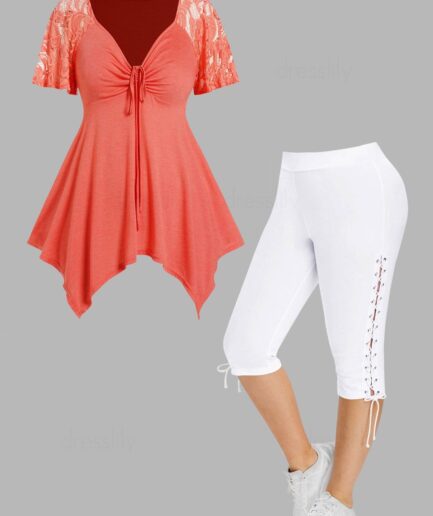 Dresslily Plus Size Lace Panel Asymmetric Cinched Ruched T Shirt And Lace Up Eyelet Capri Leggings Casual Outfit L Multicolor a