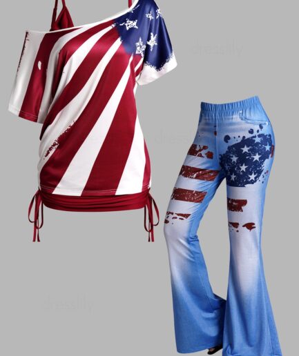 Dresslily American Flag Print Skew Neck T Shirt Cinched Ruched Tank Top And Faux Denim 3D Print Flare Pants Patriotic Outfit S Multicolor
