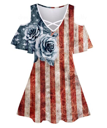 Women American Flag Flower Print T-shirt Cold Shoulder Crisscross V Neck Short Sleeve Tee Clothing L Red