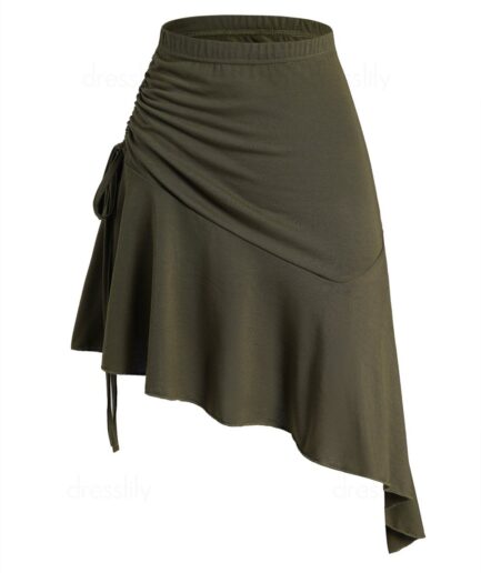 Women Plain Color Skirt Cinched Asymmetrical Hem Flounce Elastic Waist A Line Mini Skirt Clothing L Deep green