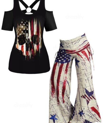 Dresslily American Flag Skull Print Cold Shoulder O Ring Cut Out T-shirt And Map Print Cinched Foldover Wide Leg Pants Patriotic Outfit S Multicolor