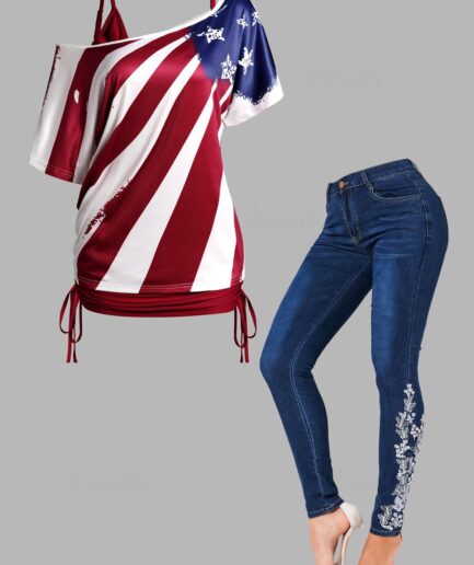 Dresslily American Flag Print Skew Collar Cinched T-shirt And Skinny Embroidery Flower Butterfly Rhinestone Jeans Patriotic Outfit S Multicolor