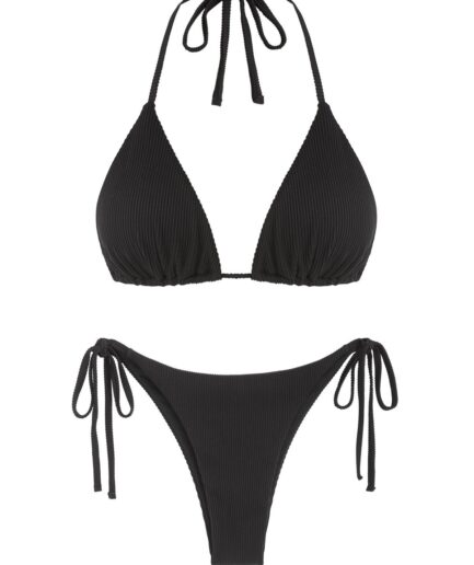 ZAFUL Ribbed Tie Side Tanga String Bikini Swimwear L Black