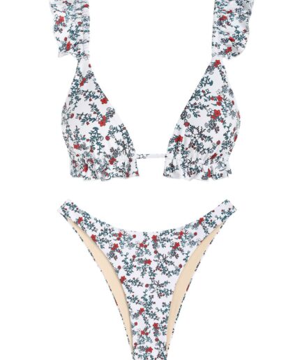 ZAFUL Floral Ruffle High Leg Bikini Swimwear M White