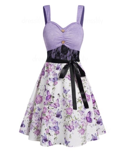 Dresslily Women Colorblock Flower Print Dress Lace Panel Empire Waist Belted Mock Button A Line Mini Dress Clothing L Light purple