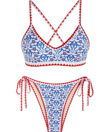 ZAFUL Bohemian Tie Side Whip Stitch Print Criss Cross Bikini Swimwear M Blue