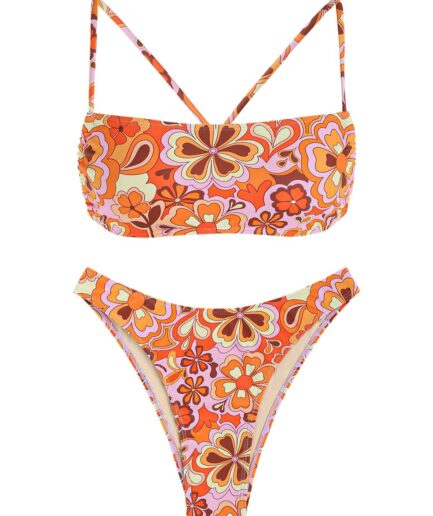 ZAFUL Criss Cross High Leg Floral Cheeky Bikini Swimwear L Orange