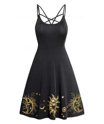 Dresslily WomenFRDresslily Femme Plus Size Mini Dress Cut Out Sun Moon Star Print Sleeveless High Waisted A Line Dress Clothing Online L Black