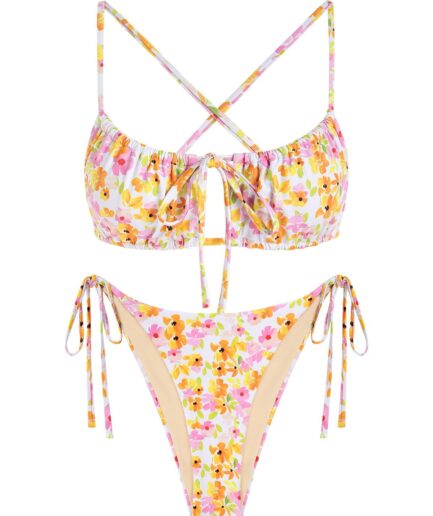 ZAFUL Tie Side Floral Criss Cross Cutout Tanga Bikini Swimwear L Light yellow