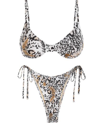 ZAFUL Animal Leopard Print Tie Side Underwire Balconette Bikini Set L Coffee