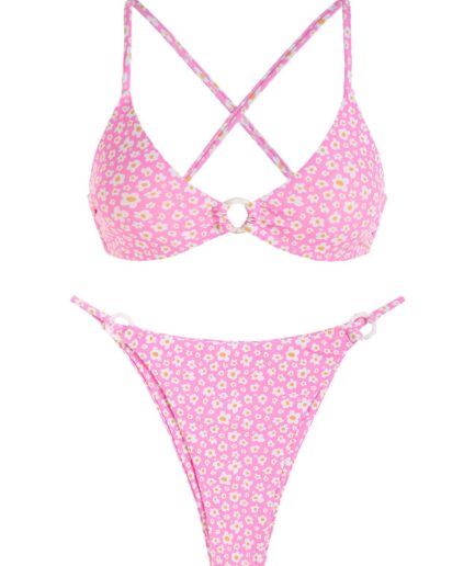 ZAFUL Ditsy Floral Print O Ring Criss Cross Bikini Swimwear L Light pink