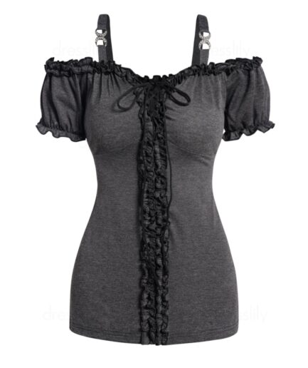 Women Cold Shoulder T Shirt Ruffle Lace Up Heather Long Tee Clothing S Dark gray