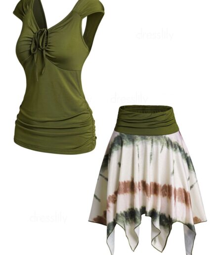 Dresslily Solid Color Cinched Cut Out Cap Sleeve T-shirt And Tie Dye Print Colorblock Asymmetric Mini Skirt Outfit S Multicolor