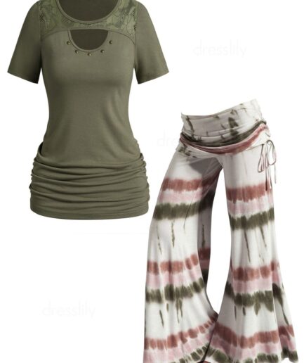 Dresslily Plain Color Hollow Out Lace Panel Rivet Peekaboo Cut Ruched T Shirt And Tie Dye Print Cinched Foldover Wide Leg Pants Outfit S Multicolor