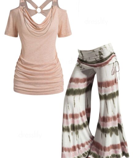 Dresslily Cowl Neck Draped Cold Shoulder Ruched T Shirt And Tie Dye Print Foldover Elastic Waist Wide Leg Pants Outfit S Multicolor