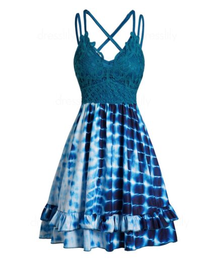 Women Tie Dye Print Mini Dress Guipure Crisscross Adjustable Strap Flounce High Waist Cami Dress Clothing L Light blue