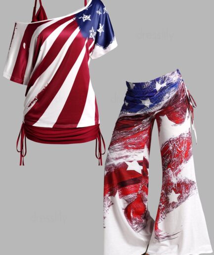 Dresslily American Flag Print T Shirt Ruched Long Tank Top And Cinched Foldover Wide Leg Pants Patriotic Outfit S Multicolor