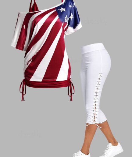Dresslily American Flag Print Skew Neck Cinched Ruched T Shirt Tops And Lace Up Capri Leggings Patriotic Outfit S Multicolor