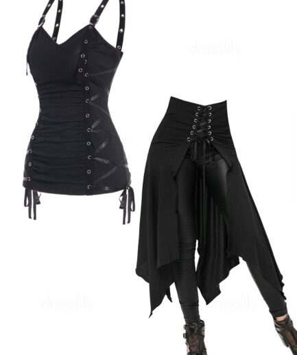 Dresslily Plain Color Ruched Grommet Lace Up Tank Top And Solid Color Open Front Lace Up Irregular Hem Skirt Outfit S Multicolor