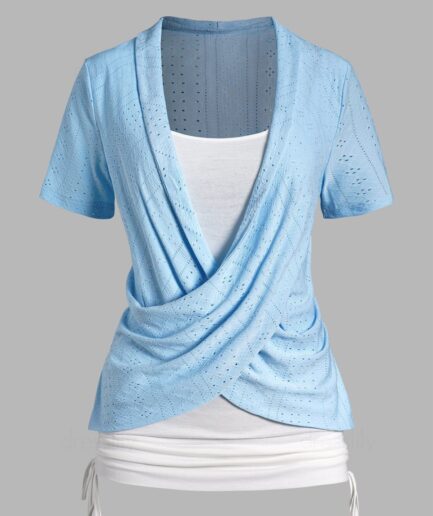 Women Colorblock Hollow Out Cinched Faux Twinset T-shirt Crossover Short Sleeve 2 In 1 Tee Clothing L Light blue