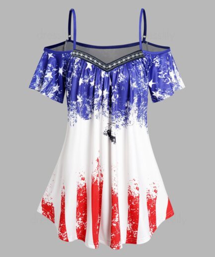 Women Cold Shoulder T Shirt Star Striped Geometric Print Patriotic Long Tee Clothing L Multicolor