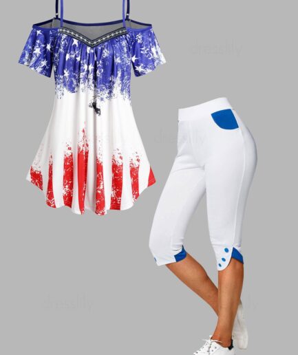 Dresslily Cold Shoulder Star Striped Print Patriotic Long T Shirt And Two Tone Mock Button Tulip Hem Capri Leggings Patriotic Outfit S Multicolor
