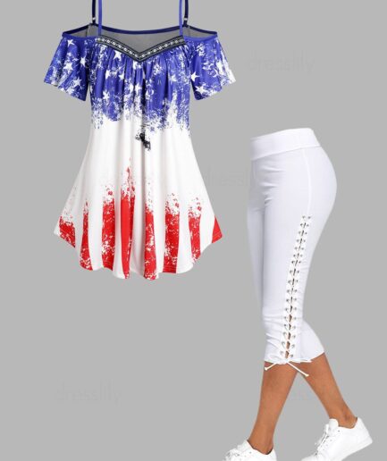 Dresslily Patriotic Cold Shoulder Star Striped Geometric Print Long T Shirt And Lace Up Capri Leggings Outfit S Multicolor