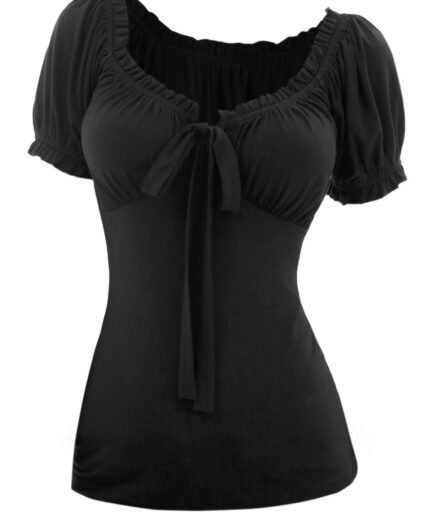 Women Short Sleeve Solid Color T-shirt Ruffles Bowknot Ruched Empire Waist Tee Clothing L Black