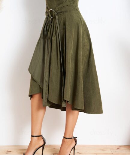 Women Plain Color Skirt Self Belted O-ring Ruffle Zipper Fly A Line Midi Skirt Clothing S Deep green