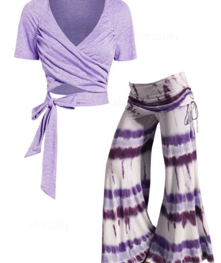 Dresslily Crossover Tied Cropped T Shirt And Tie Dye Print Cinched Foldover Wide Leg Pants Casual Outfit S Purple