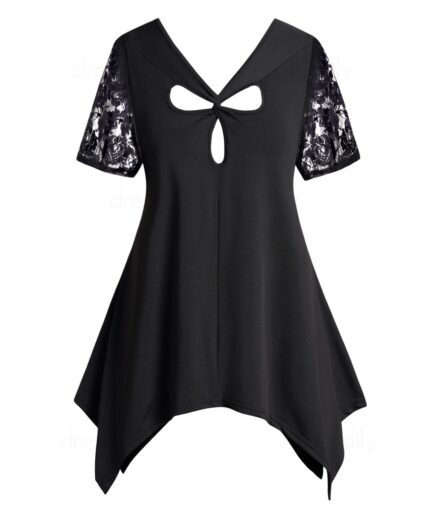 Dresslily Fashion Women Plus Size T Shirt Twist Cut Out Sheer Lace Asymmetrical Hem Plain Color Tee Clothing L Black