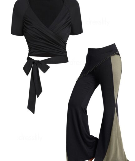 Dresslily Crossover Tied V Neck Cropped T Shirt And Contrast Colorblock Layered Wide Leg Pants Casual Outfit S Black