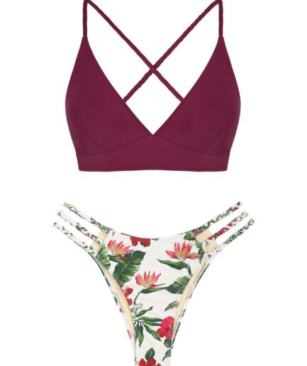 ZAFUL Lace-Up Criss Cross Braided Strappy Flower Bikini Set Swimwear M Deep red
