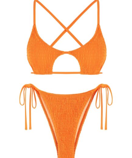 ZAFUL Criss Cross Star-shaped Keyhole Smocked String Bikini Swimwear M Dark orange